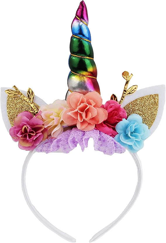 Funshion Unicorn Horn Floral Headband Glitter Ears Pony Head Bands Tiara  for Girls Party Birthday Cosplay - Funshion Costumes